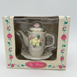 NOS Vintage My‎ treasures Hinged Teapot with Saucer Flower Style